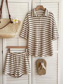 SHEIN EZwear Bộ trang phục thường ngày thoải mái gồm áo tay ngắn cổ ve sọc và quần short dành cho nữ. - Màu nâu  Mocha - Xem 7