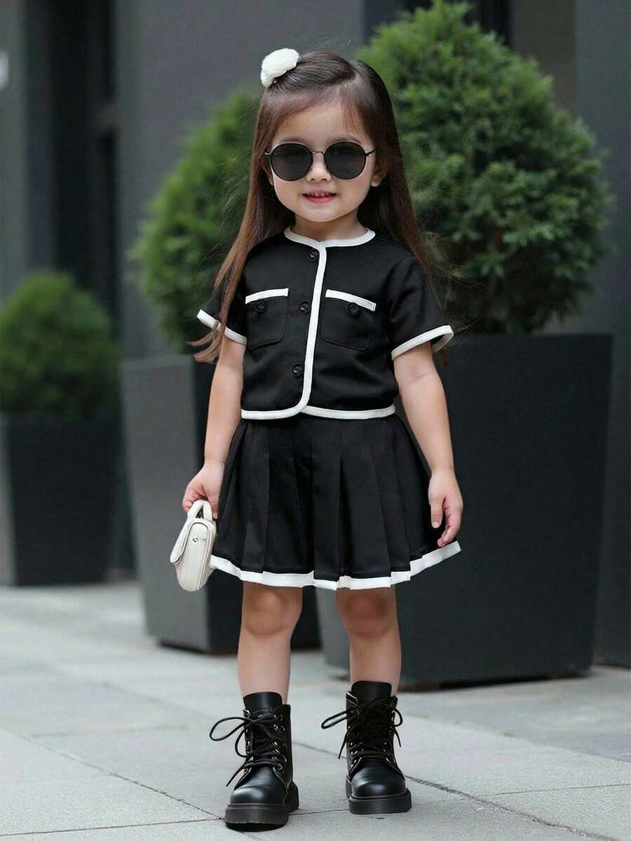 SHEIN 女婴可爱撞色短袖上衣和松紧腰百褶裙套装,夏季 - 黑色 - 查看 1