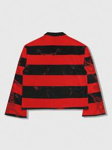 ROMWE MEN Street Life 男士街头印花条纹长袖Polo衫，秋冬款 - 紅色 - 查看 2