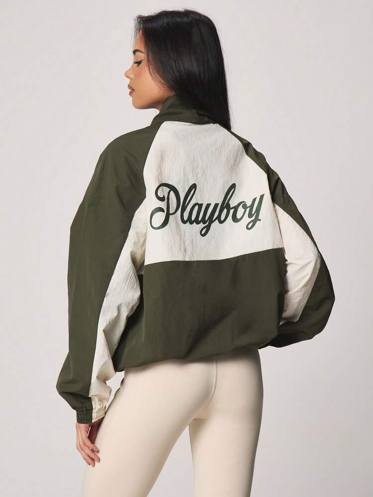 Missguided x Playboy Color Block Windbreaker Jacket With Stand Collar And Full Zip Closure For Spring Fall Outerwear