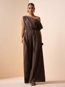 Zivah Women's Solid Color Ruched Asymmetric Shoulder Casual Jumpsuit, Suitable For Daily, Travel, Commute - Mocha Brown - View 4