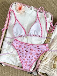 Swim Mod 女士挂脖系带印花泳衣套装，荷叶边下摆，时尚休闲度假装，适合春、夏、秋、冬四季穿着。贝壳泳衣、芙蓉花泳衣、樱桃泳衣、花卉比基尼泳衣 - 粉色 - 查看 2