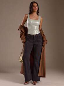 SHEIN Glamour Women's Shiny Fabric Streetwear Casual Sexy Fitted Camisole Tank Top, Suitable For Nightclub Party And Daily Wear Silver Crop Top Silver Tops For Women Glitter Top Metallic Top Sleeveless Metallic Top Shimmer Top Square Neck Top