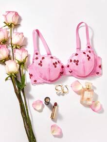 LUVLETTE Valentine's Day Pink Rose Embroidered Elegance Lingerie Breathable Balconette Sexy Unlined Floral Lace Sheer  Pink Mesh Bra Romantic Gifts Bra - Pink - View 6