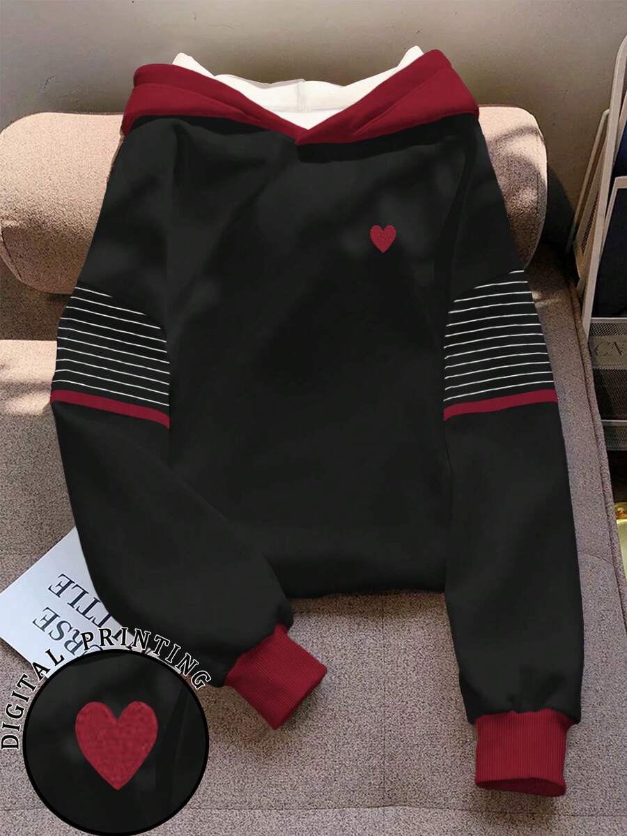 SHEIN Women's Striped Heart Print Contrast Color Sweatshirt - Multicolor - View 1