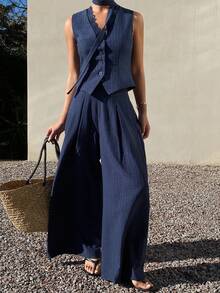 DAZY 女士优雅蕾丝拼接吊带背心和阔腿裤两件套，春夏度假装 - 藏蓝色 - 查看 7