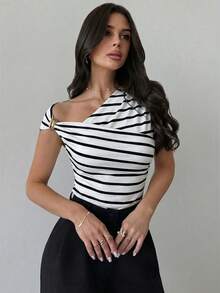 Women's Asymmetric Shoulder Wrap Ruched Waist Tight Fit T-Shirt With Metal Decor, Elegant Modest Daily Commute Tops, White, Spring/Summer One Shoulder Top Stripe Top,Summer Top - Black and White - View 4