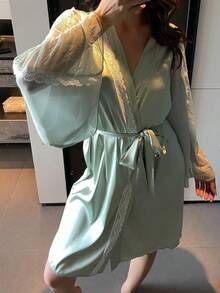 DAZY Satin Lace Patchwork Glamorous Shiny Women Robe - Green - View 5