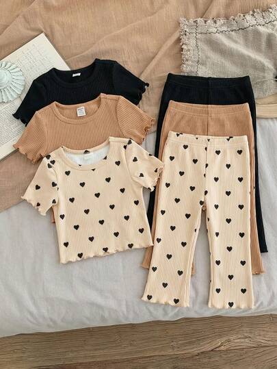 LMoss Kids 6pcs Baby Girl Knitted Solid Color Heart Pattern Round Neck Casual T-Shirt And Pants Set