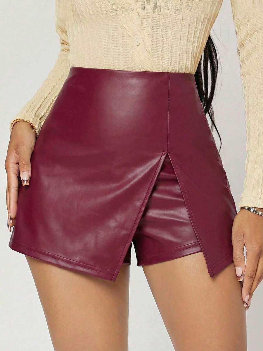 SHEIN SXY Chân váy mini ôm sát hai lớp bằng da PU màu đỏ tía dành cho nữ cỡ lớn, gợi cảm và quyến rũ, dễ phối đồ, tôn dáng, phù hợp cho mọi mùa, hẹn hò, sinh nhật, tiệc độc thân, mặc thường ngày, mua sắm, phong cách đường phố, đi chơi, kỳ nghỉ, v.v., giúp tôn lên ưu điểm vóc dáng của bạn. - Màu Đỏ Sâu - Xem 1