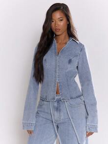MUSERA 修身钩眼细节收腰长袖牛仔夹克，街头风可爱优雅休闲性感外出秋季太妃糖色时尚春夏款 - 淺色水洗藍 - 查看 3
