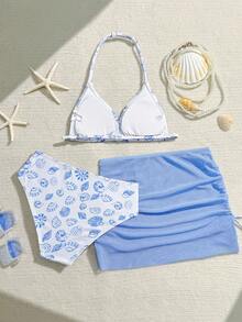 SHEIN 少女三件套针织贝壳海洋印花比基尼套装，时尚休闲优雅泳装，适合游泳、度假和夏季穿着 - 藍色 - 查看 2
