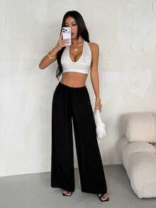 SHEIN PETITE Women's Linen Low-Waist Straight-Leg Casual Pants, Suitable For Vacation Wear, Spring/Summer - Black - View 8