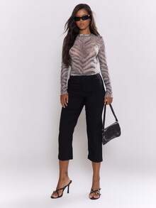 MUSERA Feraux 网眼格纹印花长袖荷叶边下摆上衣，性感外出秋季夜生活可爱街头风。适合假日派对、春夏穿着。 - 彩色 - 查看 2