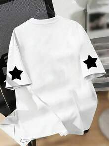 Manfinity Dauomo Men's Casual Loose Fit Oversized White T-Shirt With Numeric, Letter And Star Print, Suitable For Daily Commute And Street Style, Summer - White - View 2