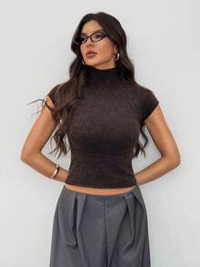 SHEIN Tall 女士秋冬短袖高领修身薄款抓绒针织衫，春夏皆宜 - 咖啡棕 - 查看 5