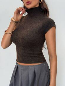 SHEIN Tall 女士秋冬短袖高领修身薄款抓绒针织衫，春夏皆宜 - 咖啡棕 - 查看 8