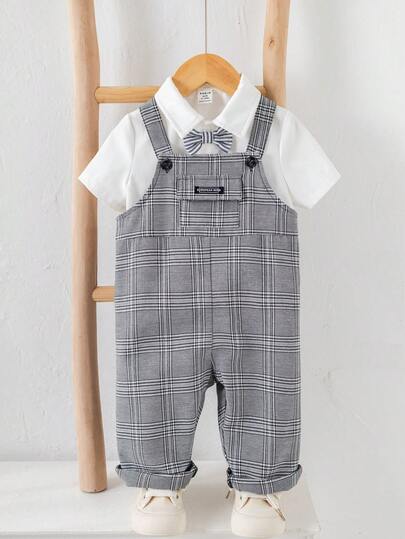 SHEIN Newborn Baby Unisex Plaid Bib Pants Romper, Suitable For Birthday Party, Rave, Evening Party, Performance, Wedding, Full Moon Celebration, Christening And 1st Birthday, Wedding Guest, Baby Shower, Spring/Summer/Autumn