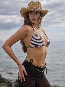 Bonvoyette Women's Vacation Beach Striped Swimsuit Set - Black and White - View 4