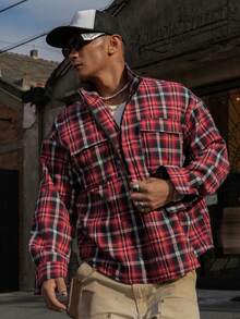 DAZY Spring Red Plaid Fabric Loose Men's Shacket Vacation - Red - View 7