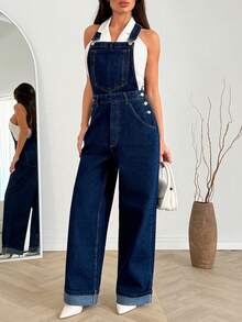 SHEIN %100 Cotton Women's Dark Wash Jumpsuit - Dark Wash - View 6