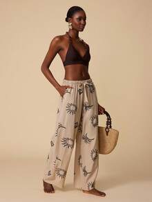 Swim Chiccia Women's Vacation Sun Print Drawstring Waist Wide Leg Coverup Pants