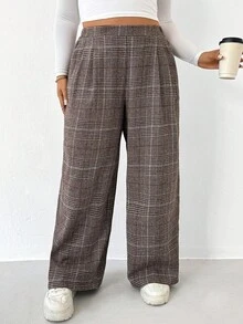 SHEIN PETITE CURVE Plus Size Casual Plaid Straight Leg Pants Curve Pants, Daily Life, Commuting, Parties, Graduation, Office, Dating, Spring, Going Out, Casual For Women - Multicolor - View 5