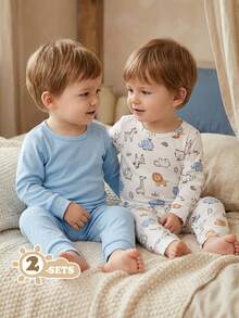 SHEIN Vintaside Kids طقم تي شيرت وبنطلون مطبوع بطبعات حيوانات كرتونية للأطفال الصبيان - بني فاتح - مشاهدة 6
