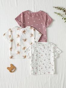 Cozy Pixies 3pcs Baby Girl Cartoon Bear Pattern Knitted Soft Long Sleeve Ruffle Hem Pullover Outfit Set Baby Summer Tops Baby Girl Tops Earth Tone - Multicolor - View 2