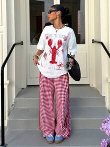 Muchica Women's Casual Lobster Print T-Shirt & Plaid Pants 2 Pieces Set, Summer - Red and White - View 5