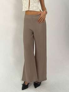 Aloruh Women's Casual Vacation Home Daily Pleated Linen Super Low Waist Loose Wide Leg Pants, Spring/Summer - Khaki - View 6
