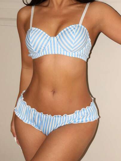 Lowkey Lull 2pcs Set Underwire Lift & Enhance 1/2 Cup Balconette Striped Classic Everyday Women Lingerie Set