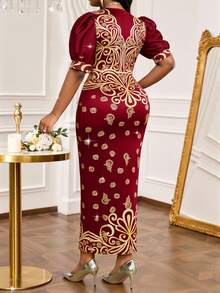 SHEIN Lady 大码女士优雅V领泡泡袖修身派对连衣裙 - 彩色 - 查看 3