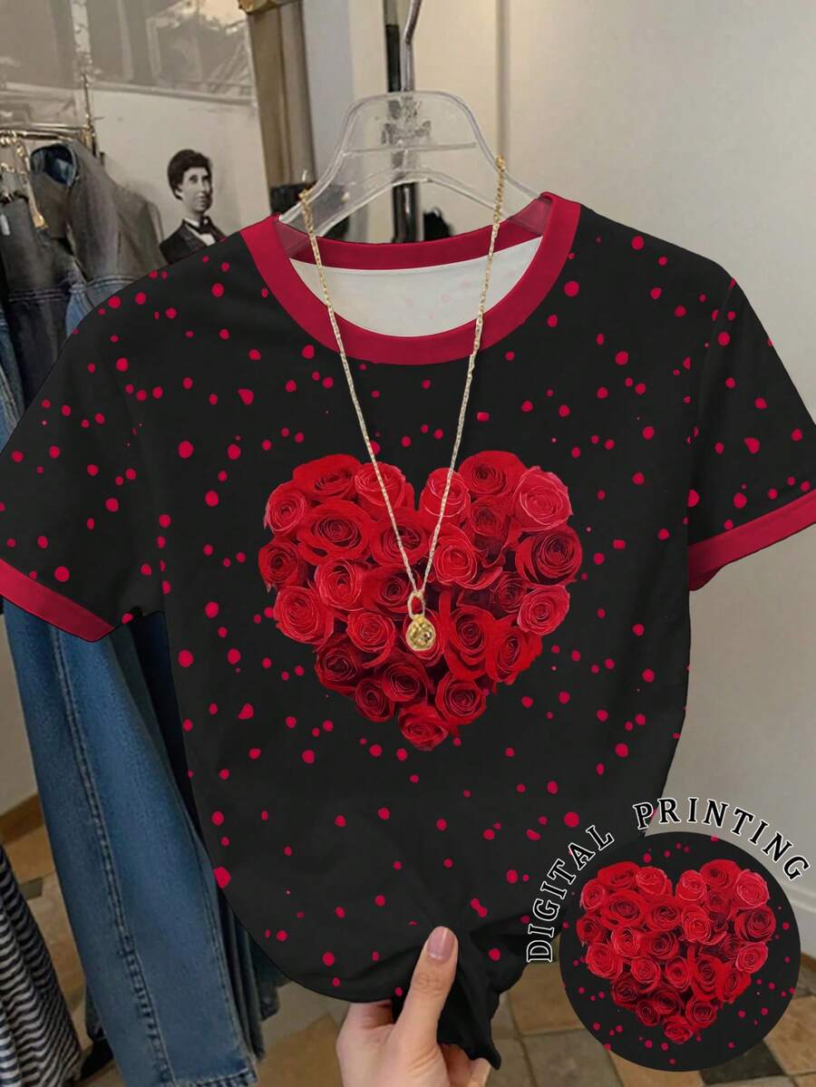 Resyla Women's Casual Heart & Rose Print T-Shirt, Summer - Multicolor - View 1