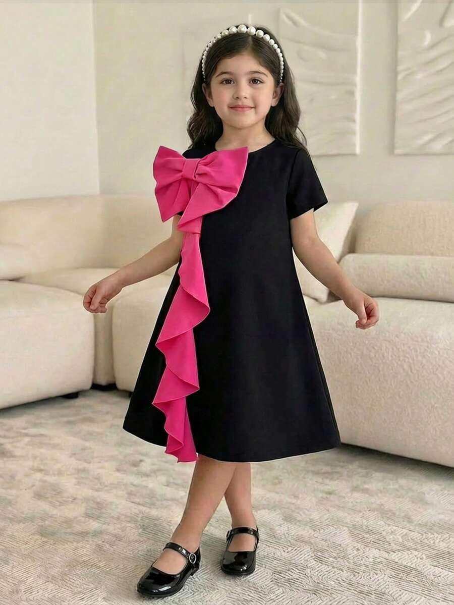 Young Girl Elegant Cute Red Bow Short Sleeve Dress - Black - View 1