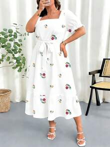 Elenzga 大码女式碎花方领松紧腰泡泡袖连衣裙 - 彩色 - 查看 4