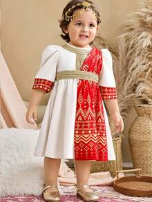 SHEIN Babygirl Elegant & Cute Palace Style Floral Print Color Block Gold Ribbon Long Sleeve Dress - Multicolor - View 6