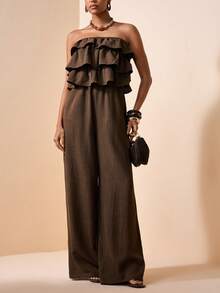 Zivah 女士纯色荷叶边拼接复古休闲连体裤阔腿裤 - 咖啡棕 - 查看 7