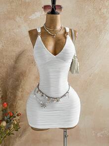 Soleia Women's Textured Mini Bodycon Dress, Fashionable For Summer Vacation - White - View 1