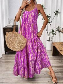 Balvessa 假日休闲随机印花吊带连衣裙长裙女装 - 淡紫色 - 查看 7