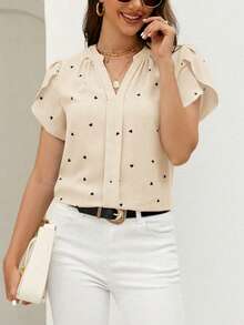 Reflora Blusa minimalista de talla grande con cuello en muesca, mangas con volantes y estampado de corazón para el Día de San Valentín - Albaricoque - Ver 8