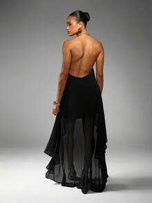 MISSGUIDED Halter Neck Asymmetrical Hem Chiffon Maxi Dress With Keyhole Front And Flowing Train - Black - View 2