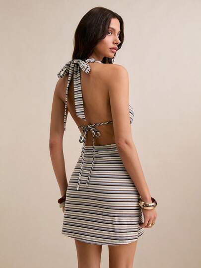 Poéselle Striped Print Halter Draped Backless Casual Sleeveless Dress,Striped Ribbed Knit Halter Mini Dress - Cowl Neck Bodycon Sleeveless Dress For Summer Days,,Spring To Summer, Summer Dress ,Vacation Outfits For Women