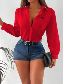 INAWLY Loose Casual Commuting Computer Rhinestone Print Long Sleeve Shirt - Red - View 5