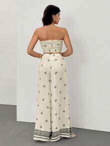 SHEIN Tall Women's Vacation Clashing Print Elegant Casual Stretchy Slimming Shirred Top Wide Leg Pants Set Tube Top And Pants Set Women Summer Clothes Women Two Pieces Outfits Vacation Outfits Woman Vacation Two Pieces Set Boho Women Clothing Flower Bohemian Vacation Outfits Woman Skirt Set Two Piece Outfits Women Maxi Skirt Two Piece Set Yamuna Cruise Summer 2 Piece Sets Woman Strapless Top And Skirt Set - Beige - View 2