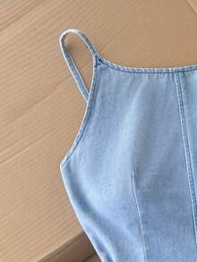 Comfortcana 女士休闲圆领吊带牛仔连体裤，夏季 - 淺色水洗藍 - 查看 3