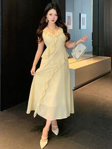 DAZY Đầm dài ngang gối không tay cổ chữ V xếp ly thanh lịch dành cho nữ, đầm dự tiệc cưới mùa hè. - Vàng nhạt - Xem 6