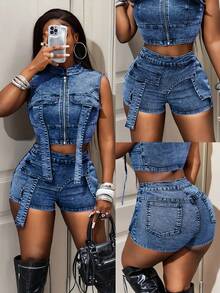 Jeanoix Petite Y2K 女士夏季休闲修身牛仔短裤 - 深色水洗藍 - 查看 9