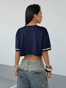 StreetHx Streetwear Women's Letter Graphic Print Short Sleeve Shirt, Spring/Summer - Navy Blue - View 2