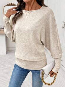 Editum 女士优雅圆领杏色柔和色长袖T恤，适合日常穿着和多种场合，秋冬季 - 卡其色 - 查看 3